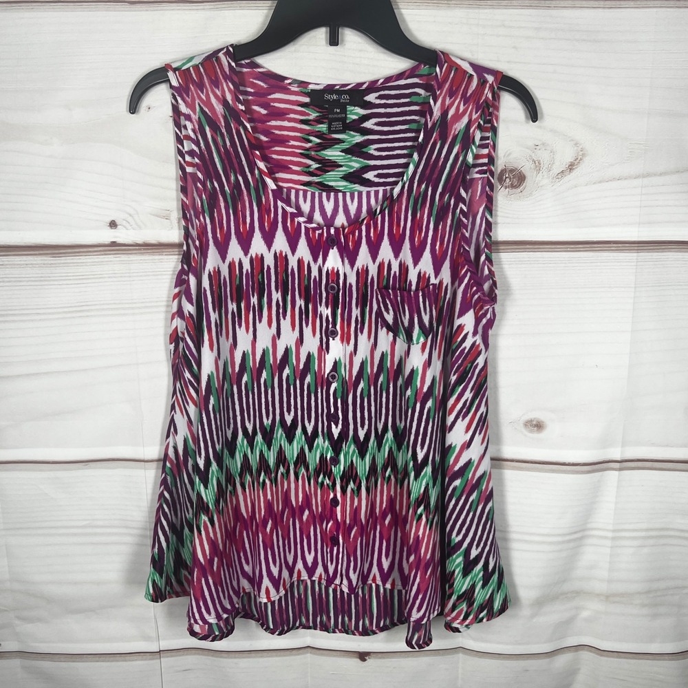 Style & Co. Sleeveless Blouse Womens PM‎ Multicolor Ikat Print Henley Tank Woven